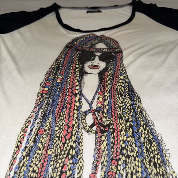 LAUREN MOSHI T Shirt Black White Hippie Girl Colourful Harmony Peace Love Size L - Picture 1 of 11
